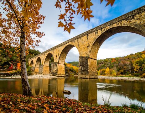 Autumnal stone arch bridge over a river