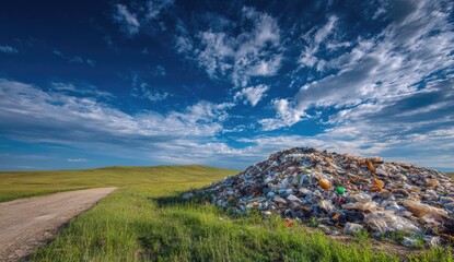 Fototapeta premium Open landscape with a large trash pile. Vast expanse of light-green grassland leading to a dirt road, a mound of plastic and refuse, with a dramatic sky filled with clouds