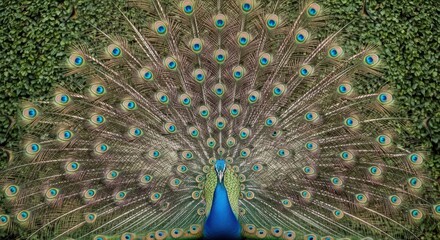 Naklejka premium Vibrant peacock displaying magnificent feathers in lush greenery