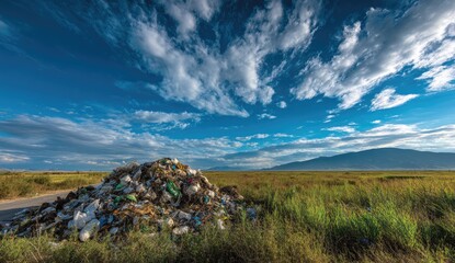 A large pile of garbage sits on the edge of a road, against a backdrop of a vast grassy field and a vibrant sky