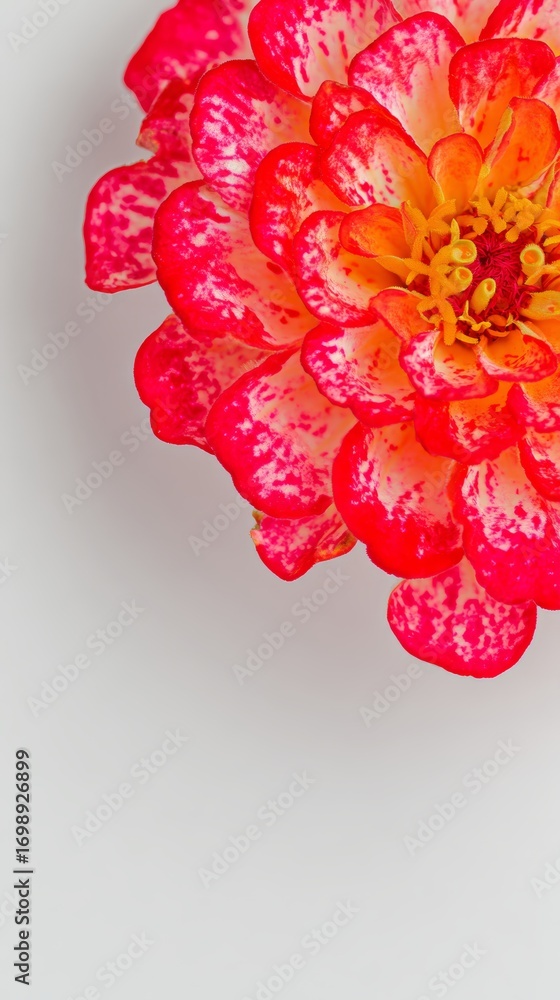 Poster macro close-up of multicolored zinnia flower showing layered petals in soft natural light on clean w