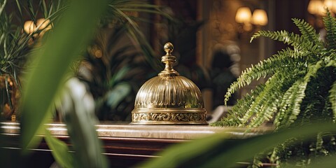 Ornate gold bell sits on a marble surface, surrounded by lush greenery