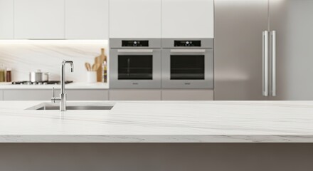 Fototapeta premium Bright kitchen with white countertops and stainless steel appliances.