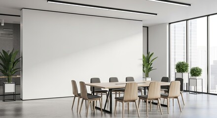 Modern office meeting room with a large white projection screen, a long wooden table, and chairs, featuring large windows and potted plants.