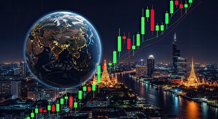 Global financial market trends overlaid on a vibrant night cityscape with Earth globe.