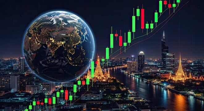 Global financial market trends overlaid on a vibrant night cityscape with Earth globe.