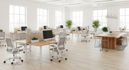 Modern open-plan office space with light-colored furniture and large windows.