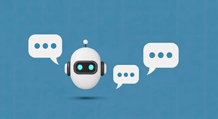 A friendly AI robot assistant with chat bubbles symbolizing digital communication and customer service.