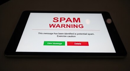Tablet displaying a spam warning message with options to view or delete.