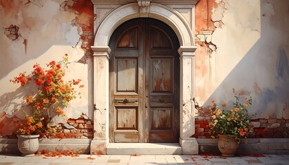 Fototapeta premium A weathered, archway entrance, highlighted by warm sunlight and vibrant orange blossoms, reveals a vintage wooden door, set against a charming, crumbling wall.