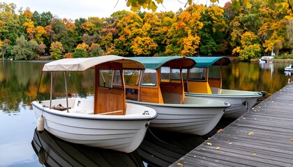 Autumnal park lake scene with boats