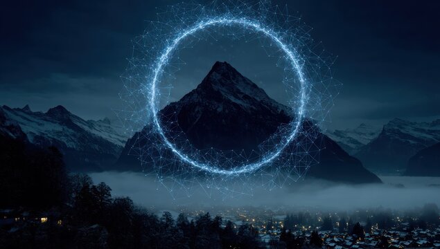 A luminous ring of interconnected points encircles a snowy mountain range at night, bathed in a cool, ethereal light.