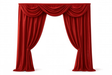 Luxurious red curtains gracefully parting, revealing dramatic stage setting with soft transparent backdrop
