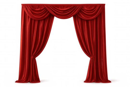Luxurious red curtains gracefully parting, revealing dramatic stage setting with soft transparent backdrop