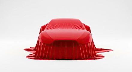 A sleek, modern sports car is dramatically revealed from beneath a flowing red cloth cover, set against a clean white background.
