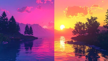 Digital landscape, vibrant sunset