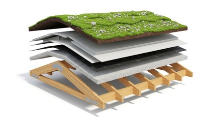 Cross-section diagram of a green roof system, showcasing its layered components and construction.