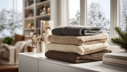 Knitted throws stacked on a windowsill, wintery interior