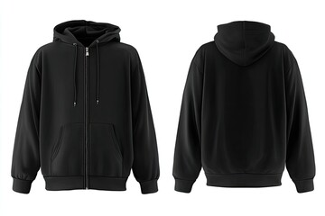 Black zip-up hoodie mockup, front and back views