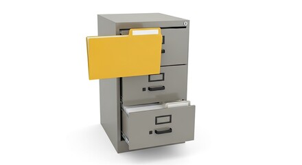 A three-drawer filing cabinet with one drawer open and a file folder partially visible.