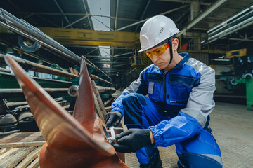 Caucasian male engineer inspecting propeller shipyard machinery in industrial port