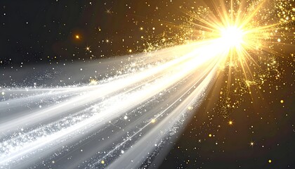 Radiant light rays burst forth from a central brilliant point, creating a dynamic celestial display of gleaming streaks and glittering particles against a dark backdrop.
