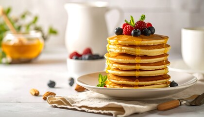Stacked pancakes topped with fresh berries