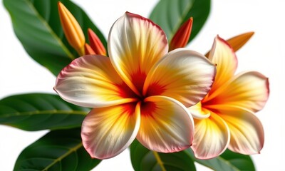 Fototapeta premium Stunning frangipani blossom isolated on pure white background, showcasing delicate petals and vibrant color, decoration, illustration, botany