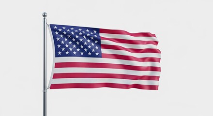 Waving American flag on a flagpole against a white background.