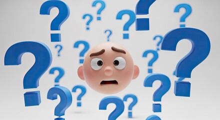 Confused cartoon head surrounded by many question marks.