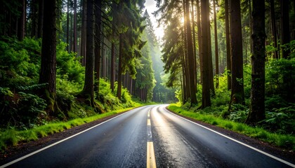 Obraz premium Winding road through lush forest. Sunlight streams through trees