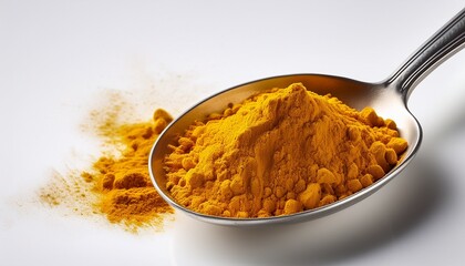 vibrant turmeric powder in a silver spoon on a white background ideal for wellness branding healthy nutrition and natural product promotions