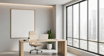 Modern office interior with a desk, chair, laptop, and a large window overlooking a cityscape.