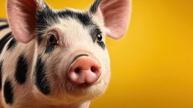 Curious piglet with distinctive black spots posing against a bright yellow backdrop
