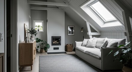 Cozy attic living room with a fireplace, sofa, and natural light from a skylight.