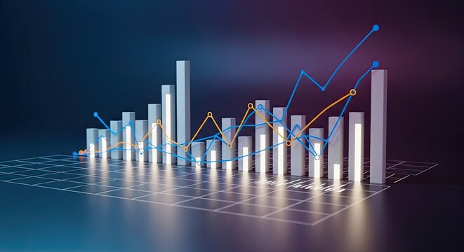 3D rendering of a financial bar chart with line graphs showing upward trends against a dark, gradient background.