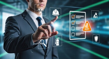 Man in suit interacting with a digital safety checklist interface.