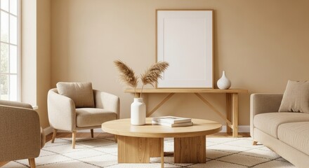 Beige living room interior with wooden furniture and a blank canvas print.