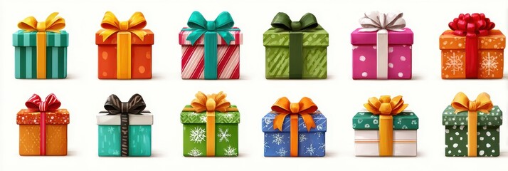 Colorful gift boxes arranged in a festive display, showcasing various sizes and designs for celebrations