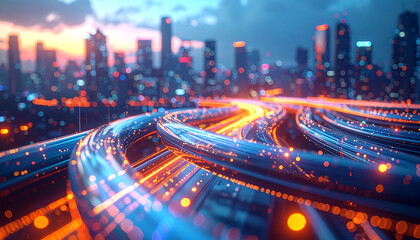 Cyber City Convergence: A vibrant cityscape at dusk, pulsating with energy as a network of interconnected pipes weaves through, symbolizing the fusion of technology and urban life.