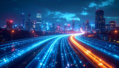 City Lights and Speed: Captivating the futuristic cityscape at night, luminous trails from moving vehicles carve through the urban space. Blending technology and modern architecture.