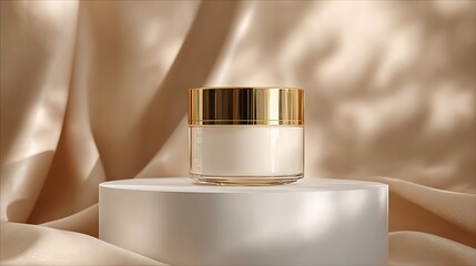 Luxury cream jar on a white podium, subtle gold accents, soft studio lighting, skin care advertising mockup.