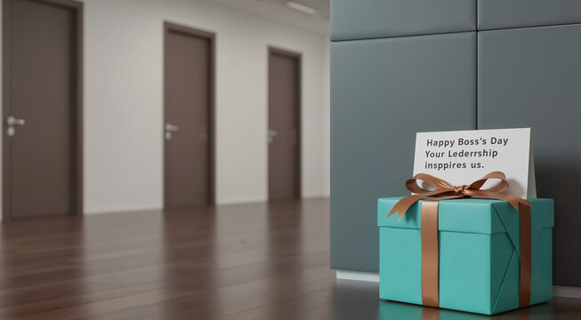 Gift box with "Happy Boss’s Day" note on office floor with doors  