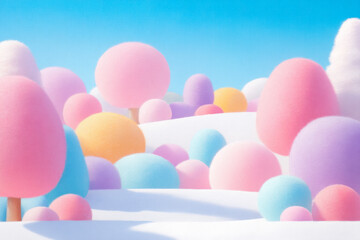 A whimsical and magical winter forest landscape with colorful round trees