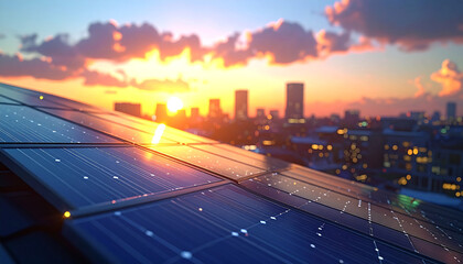 Fototapeta premium Solar Power Sunset: A vibrant cityscape bathed in the warm glow of a sunset, with modern solar panels at the forefront symbolizing sustainability and innovation. A blend of nature and progress.