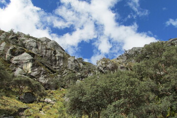Huascaran mountain range in Cordillera Blanca, Peru near city Huaraz. Peruvian mountain summits. Snow and glacier mountains of Peru. Huascaran third tallest mountain in South America Peruvian Andes