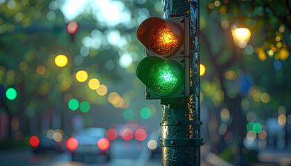 Urban Traffic Signal: A captivating street-level photograph of a traffic signal in operation, showcasing the vivid glow of a green light and a yellow light. captured.