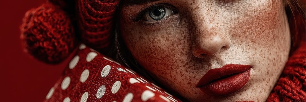 Close-up of a woman with freckles holding a red polka dot gift box in a festive winter setting
