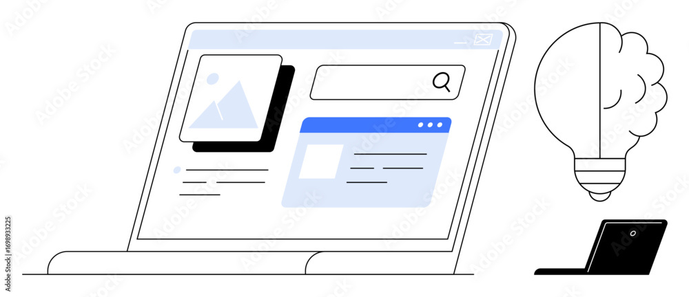 Poster laptop screen displaying a webpage with images and search bar alongside a lightbulb and smaller lapt