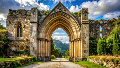 Obraz premium Ancient stone archway leading to distant hills